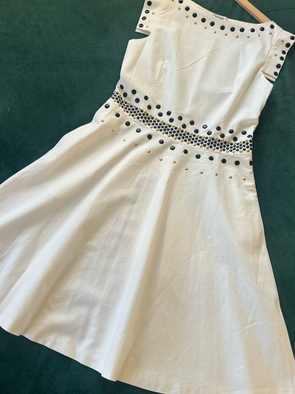 Moschino White Midi Dress With Black And Gold Studs